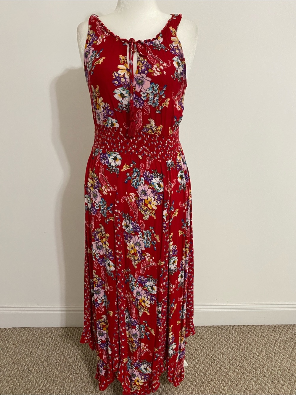 Bila Red Floral Maxi Dress with Smocked Waist and Tie Neck